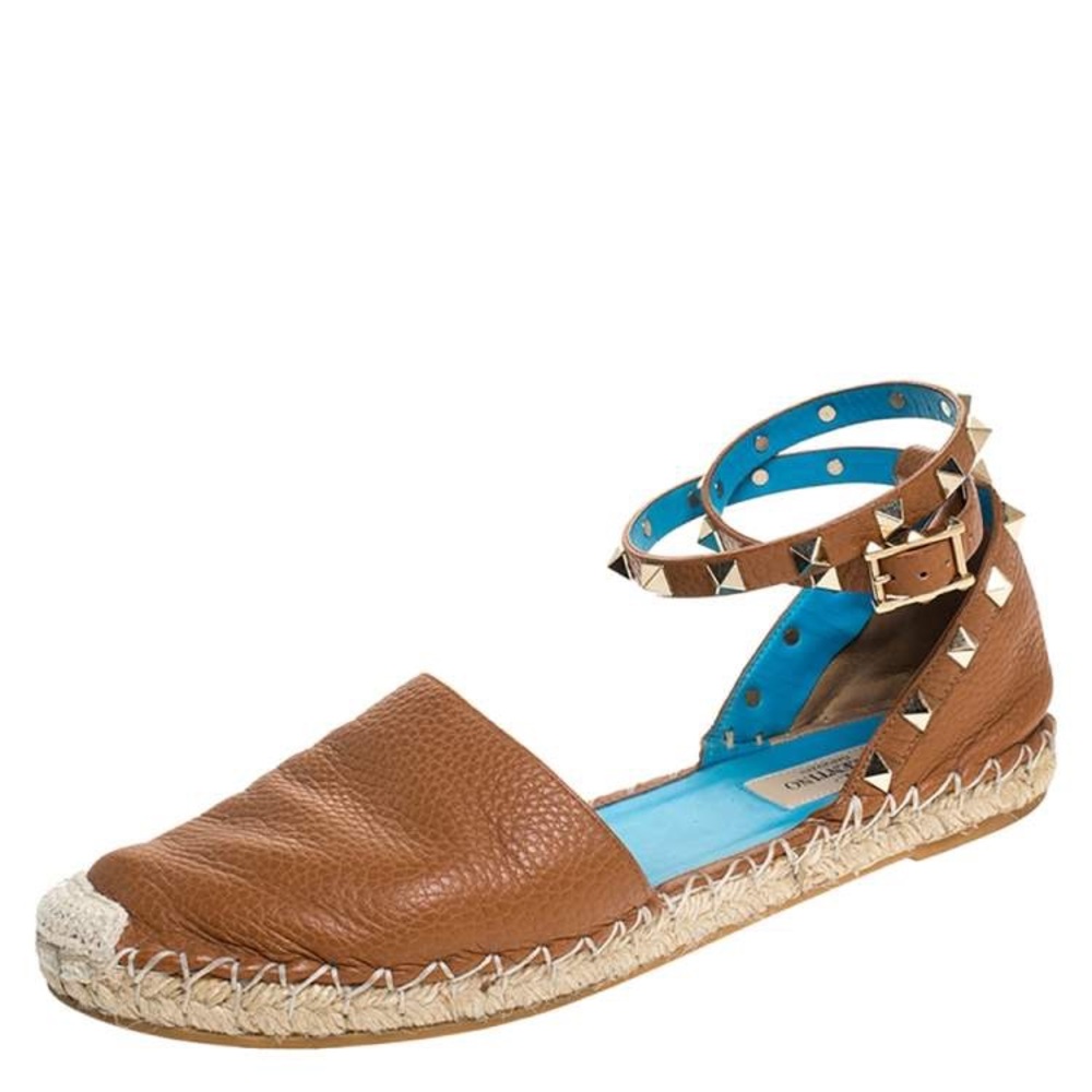 Valentino Brown Espadrille Flats with Studded Ankle Strap